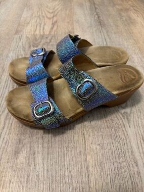Dansko Iridescent Blue-Green Dual Buckle Wedge Sandals
